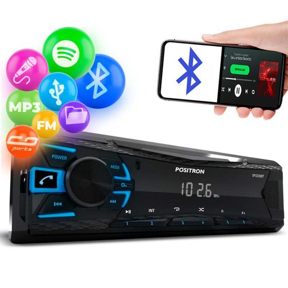 Imagem de Rádio Automotivo Pósitron SP2230BT Som Bluetooth MP3 Player 1 Din LED USB FM WMA