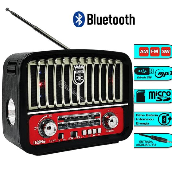Imagem de Rádio Completo Retro Vintage Com Lanterna Bluetooth Usb/FM/AM/SD Qualidade de Som LE601
