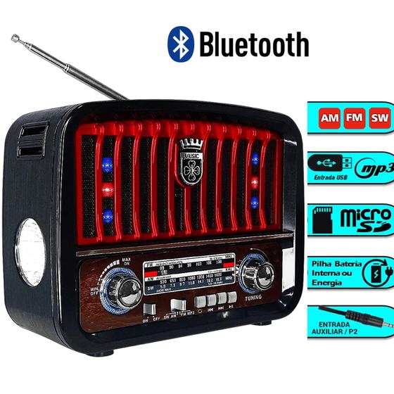 Imagem de Rádio Completo Vintage + Lanterna Luz Led Bluetooth AM/FM/SW P/ Casa Praia Viagens Escritório LE601