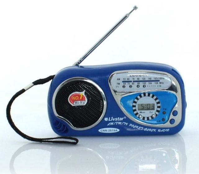 Rádio de Bolso Portátil Com Relogio Am/ Fm 2 pilhas tipo AA AZUL
