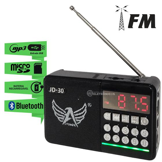 Imagem de Rádio Fm Portátil Bluetooth Mp3 Entrada Cartão Sd Fone de Ouvido P2 Jd30
