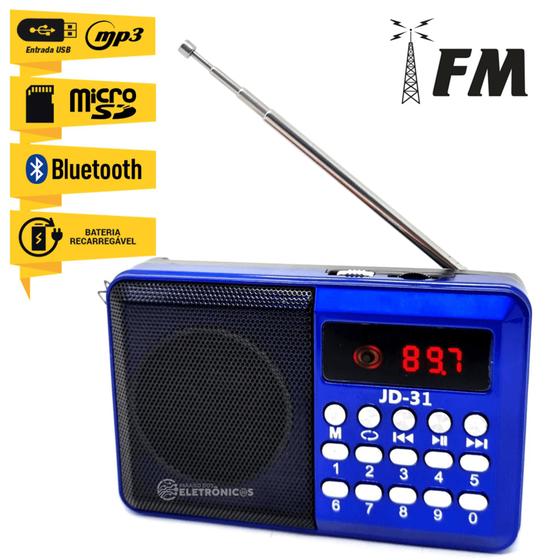 Imagem de Rádio FM Portátil Digital Bluetooth, MP3, Entrada Pendrive e Cartão Bateria Recarregável JD31AZ
