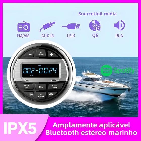 Imagem de Rádio Marinho Bluetooth à Prova d'Água com MP3 Player e Receptor FM/AM - Ideal para Colheitadeiras, ATV, UTV, SPA e RZR