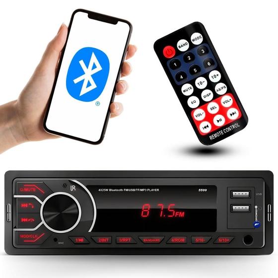 Imagem de Rádio MP3 Som Automotivo Bluetooth Universal 1 Din LED Vermelho 2 USB Auxiliar Carrega Celular