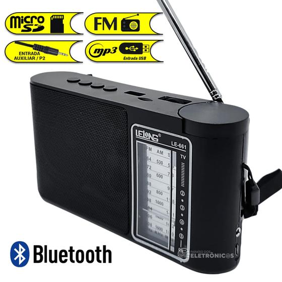 Imagem de Rádio Portátil Analógico 3 Faixas Bandas FM/AM/SW Bluetooth Recarregável Conexão USB LE661