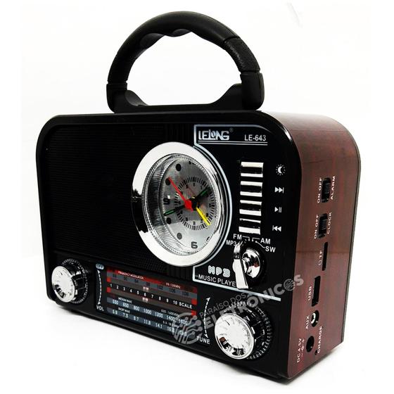 Imagem de Rádio Retrô Com Relógio e 4 Bandas AM/FM/SW Recarregável USB e SD Marrom  LE643