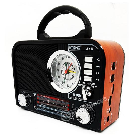 Imagem de Rádio Retrô Com Relógio função bluetoothe 4 Bandas AM/FM/SW Recarregável USB e SD   LE643