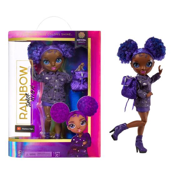 Imagem de Rainbow High Jr High Series 2 Krystal Bailey- 9" Purple Posable Fashion Doll com acessórios de grife e mochila aberta/próxima. Grande presente de brinquedo para crianças de 6 a 12 anos de idade e colecionadores