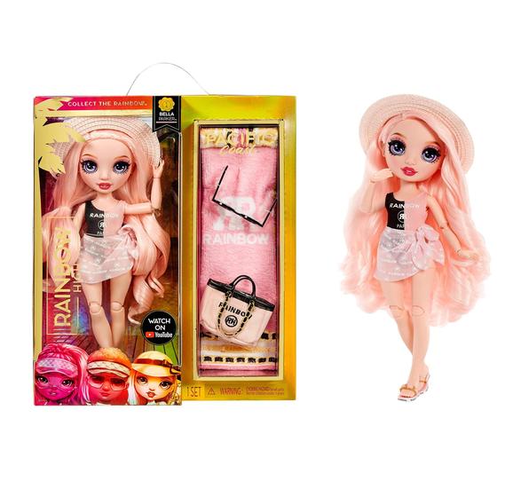 Imagem de Rainbow High Pacific Coast Bella Parker- Boneca de moda rosa com 2 roupas de grife, conjunto de acessórios de piscina, pernas intercambiáveis, brinquedos para crianças, grande presente para idades de 6 a 12 anos