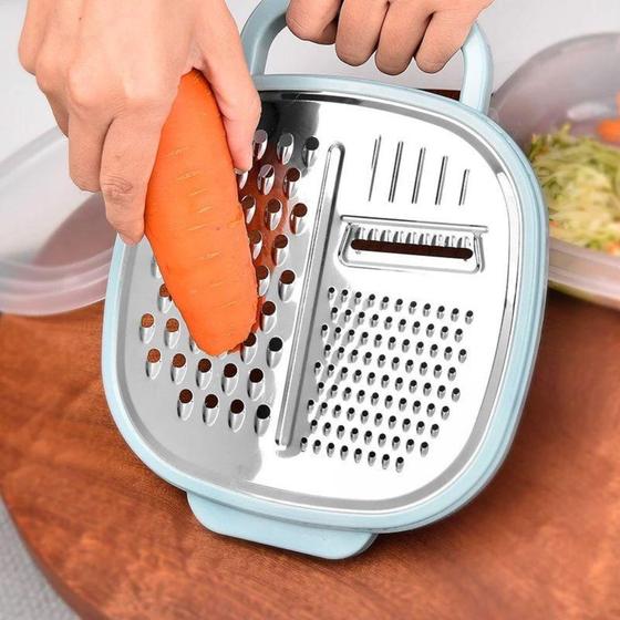 Imagem de Ralador inox 3 em 1 com pote 23 cm fatiador de legumes e frutas com reservatório