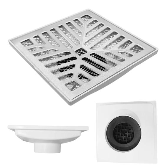 Imagem de Ralo 20x20 Alumínio Concavo Coletor Branco Saída Baixa para tubo de 100mm com Sistema Sifonado