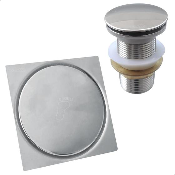 Imagem de Ralo Click 10x10 Inox E Valvula Ralo De Pia 1 1/4 Kit Banheiro Brilhoso Tampa Ralo Quadrado 10cm E Valvula Click Escoamento Pia 40mm Lavatorio Lavabo 