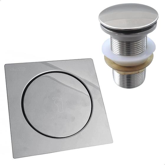 Imagem de Ralo Click 15x15 Inox E Valvula Ralo De Pia 1 1/4 Kit Banheiro Brilhoso Tampa Ralo Quadrado 15cm E Valvula Click Escoamento Pia 40mm Lavatorio Lavabo 