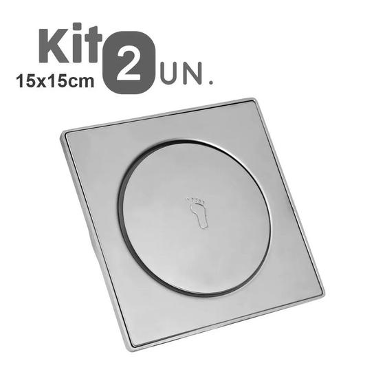 Imagem de Ralo Click Inteligente 15x15 Aço Inox Kit 2 Uni Clic Pop Up Banheiro Lavabo Casa