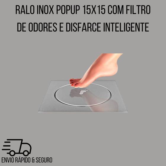 Imagem de Ralo Inox PopUp 15x15 com Filtro de Odores e Disfarce Inteligente