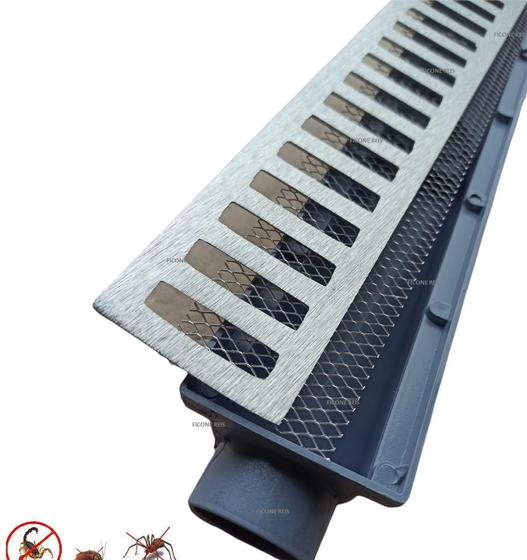 Imagem de Ralo Linear 6x50 Grelha Alumínio com Tela Anti Insetos e Coletor Modular Cinza - Ficone Reis