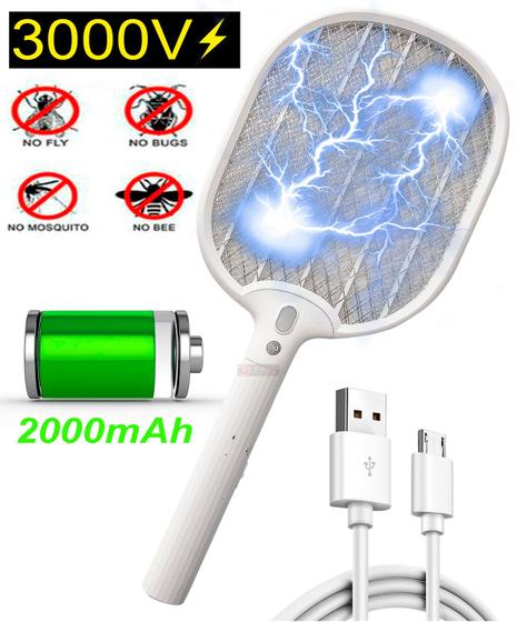 Raquete Elétrica Super Choque 3000V Mata Mosca Mosquito Pernilongo Muriçoca Insetos Recarregável USB
