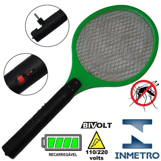 Imagem de Raquete Mata Mosquito, Mosca e Inseto Elétrica Recarregável Bi-volt Verde CBRN0784 - Commerce brasil