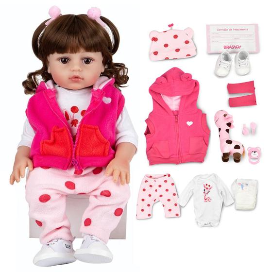 Imagem de Reborn de Silicone Realista Brastoy Original Boneca Pode Dar Banho Kit Conjunto de Roupa Chupeta Mamadeira e Pelúcia