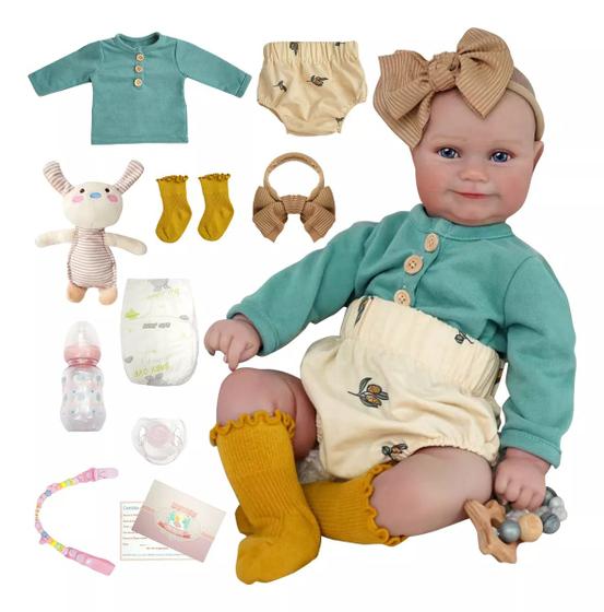 Imagem de Reborn de Silicone Realista Brastoy Original Boneca Pode Dar Banho Kit Conjunto de Roupa Chupeta Mamadeira e Pelúcia