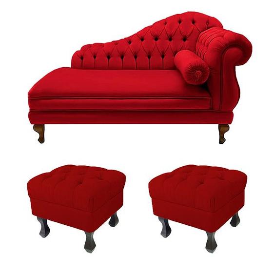 Imagem de Recamier Divã Namoradeira Larissa 150cm + 2 Puffs Retrô Suede Vermelho  - LM DECOR