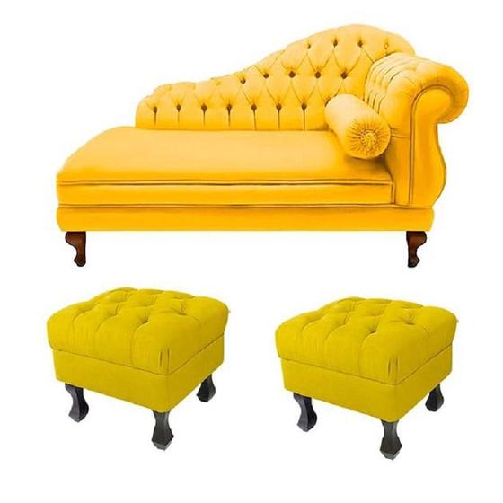 Imagem de Recamier Divã Namoradeira Larissa Esquerdo Quem Senta 150cm e 2 Puffs Retrô Suede Amarelo - DL DECOR