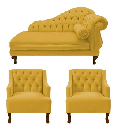 Imagem de Recamier Larissa 150 cm Esquerdo de quem senta e 2 Poltronas Genesis Suede Amarelo - LM DECOR