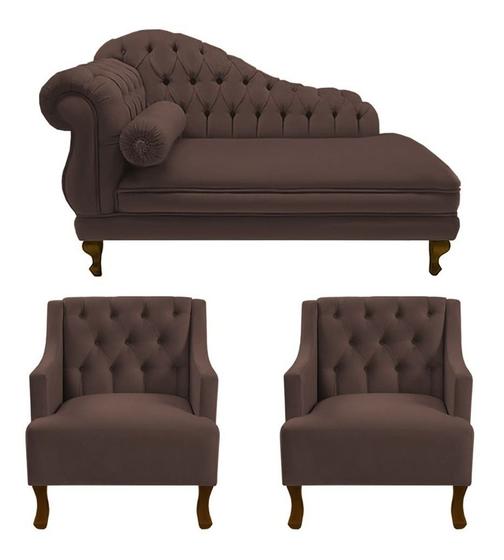 Imagem de Recamier Larissa 160 cm Direito de quem senta e 2 Poltronas Genesis Suede Marrom - DL Decor