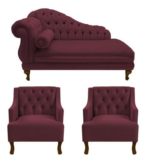 Imagem de Recamier Larissa 160 cm Direito de quem senta e 2 Poltronas Genesis Suede Vermelho Bordo - DL Decor