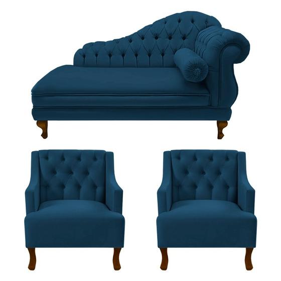 Imagem de Recamier Larissa 160 cm Esquerdo de quem senta e 2 Poltronas Genesis Suede Azul Marinho - LM DECOR