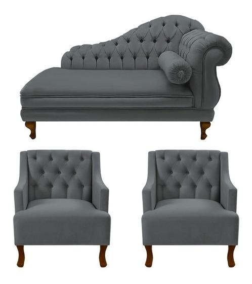 Imagem de Recamier Larissa 160 cm Esquerdo de quem senta e 2 Poltronas Genesis Suede Cinza - LM DECOR