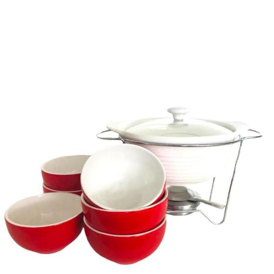 Imagem de Rechaud Porcelana Redondo e 6un Bowls Vermelho Porcelana 7pcs