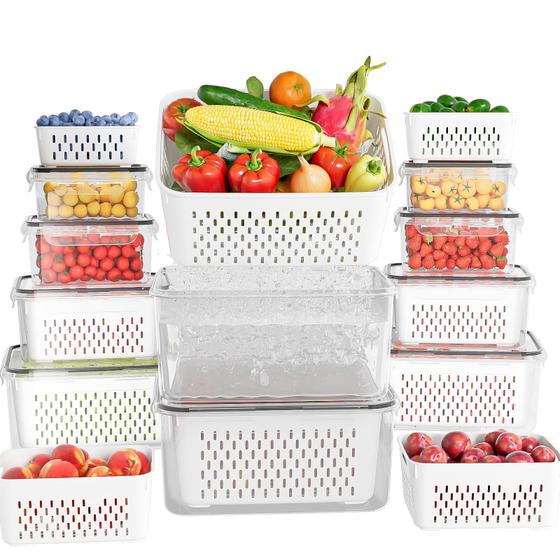 Imagem de Recipientes de Armazenamento de Frutas KEMETHY - Pacote com 10 Unidades com Escorredores para Geladeira