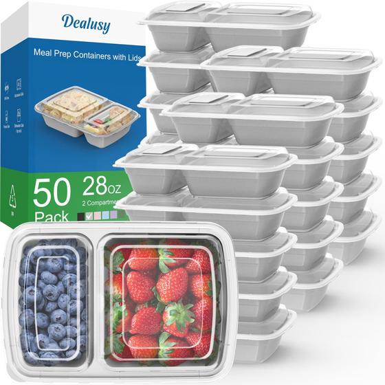 Imagem de Recipientes de preparação de refeições Dealusy 28 onças com 2 compartimentos x50 com tampas