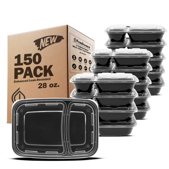 Imagem de Recipientes Preparação Refeições Freshware (150 Unidades) - 2 Compartim. c/ Tampa, Sem BPA, Microondas/Lava-Louças/Freezer