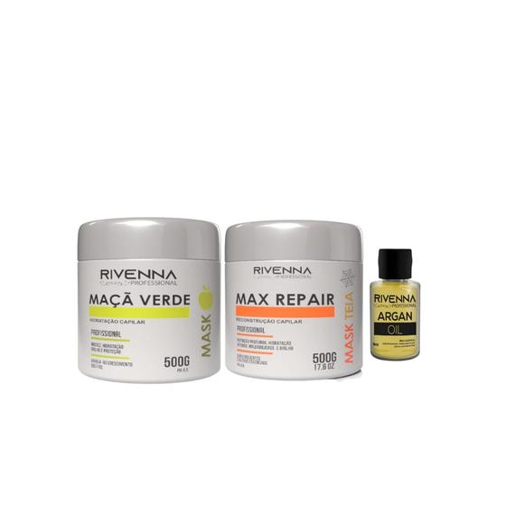 Imagem de RECONSTRUÇÃO MAX REPAIR 500g + HIDRATAÇÃO DE MAÇA VERDE 500G + OLEO DE ARGAN 9 ML