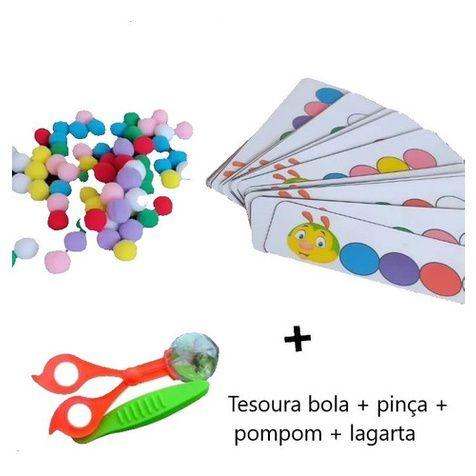 Imagem de recurso pedagógico montessori tesoura bola + pinça + pompom + pareamento cores lagarta