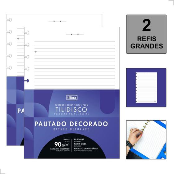 Imagem de Refil 80 Folhas Pautadas Grande Caderno Tilidisco Original 90g Escolar Universitário Kit 2 Unidades