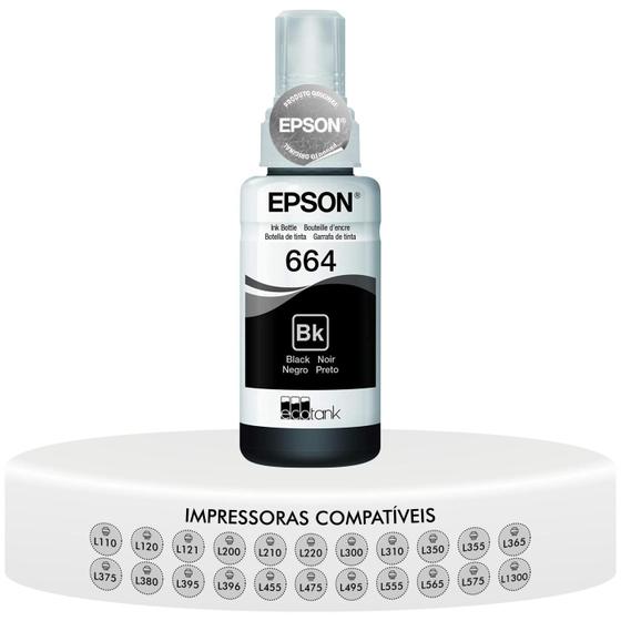 Imagem de Refil de Tinta Original Epson Ecotank T664 Compatível L121 L355 L365 L375 L395 L455 L475 L495 L555 L1300 - Preto T664120