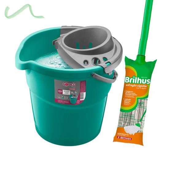 Refil Mop Esfregão Brilhus + Balde Limpeza Com Escorredor 9l Menor preço em Refil Mop Esfregão Brilhus + Balde Limpeza Com Escorredor 9l