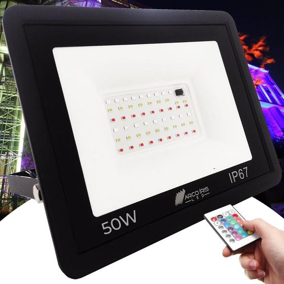 Refletor Led 50W RGB Colorido IP67 Área Externa com Memória e Controle Remoto Menor preço em Refletor Led 50W RGB Colorido IP67 Área Externa com Memória e Controle Remoto