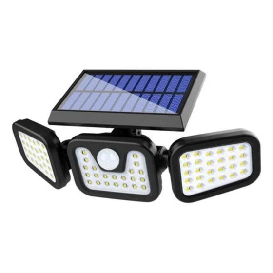 Refletor Placa Solar 3 cabeças 74 LEDs Sensor Interna Externa Menor preço em Refletor Placa Solar 3 cabeças 74 LEDs Sensor Interna Externa