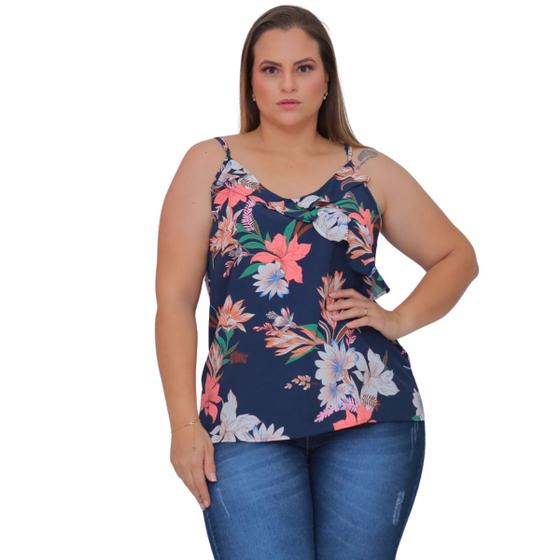 Imagem de Regata Alcinha Crepe Estampada com Alça Regulável e Babados Plus Size