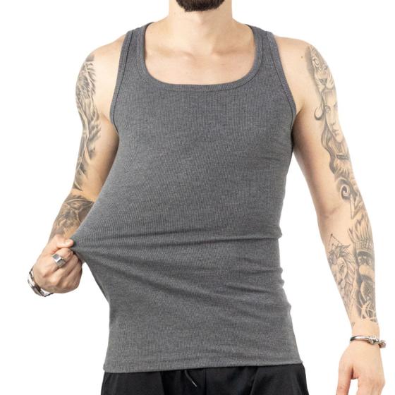 Imagem de Regata Masculina Premium Modelo Americano Ribana Canelada Algodão e Elastano Gola Quadrada Cinza