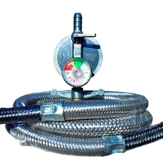 Imagem de regulador visor medidor de gás e mangueira malha aço 1 metro