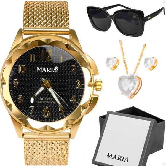 Imagem de Relogio aço feminino + oculos sol + caixa banhado original strass presente inoxidável dourado mostrador preto moda
