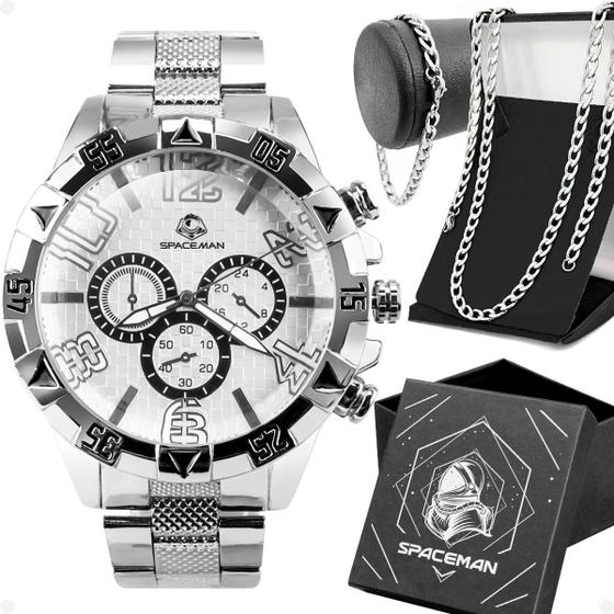 Imagem de relogio aço inox prova dagua + corrente + caixa + pulseira original pesado prata qualidade premium grumet casual robusto