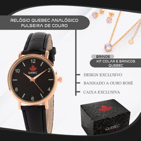 Imagem de Relógio Analógico Feminino Casual com Colar Brinco De Ouro Rose Pulseira de Couro Original