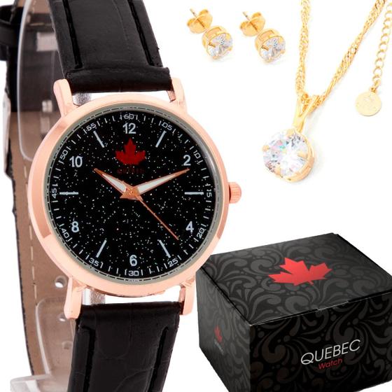 Imagem de Relógio Analógico Feminino Colar Brinco De Ouro Rose Pulseira de Couro Original QUEBEC