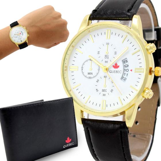 Imagem de Relógio Analógico Masculino Grande Dourado Pulseira de Couro Original QUEBEC